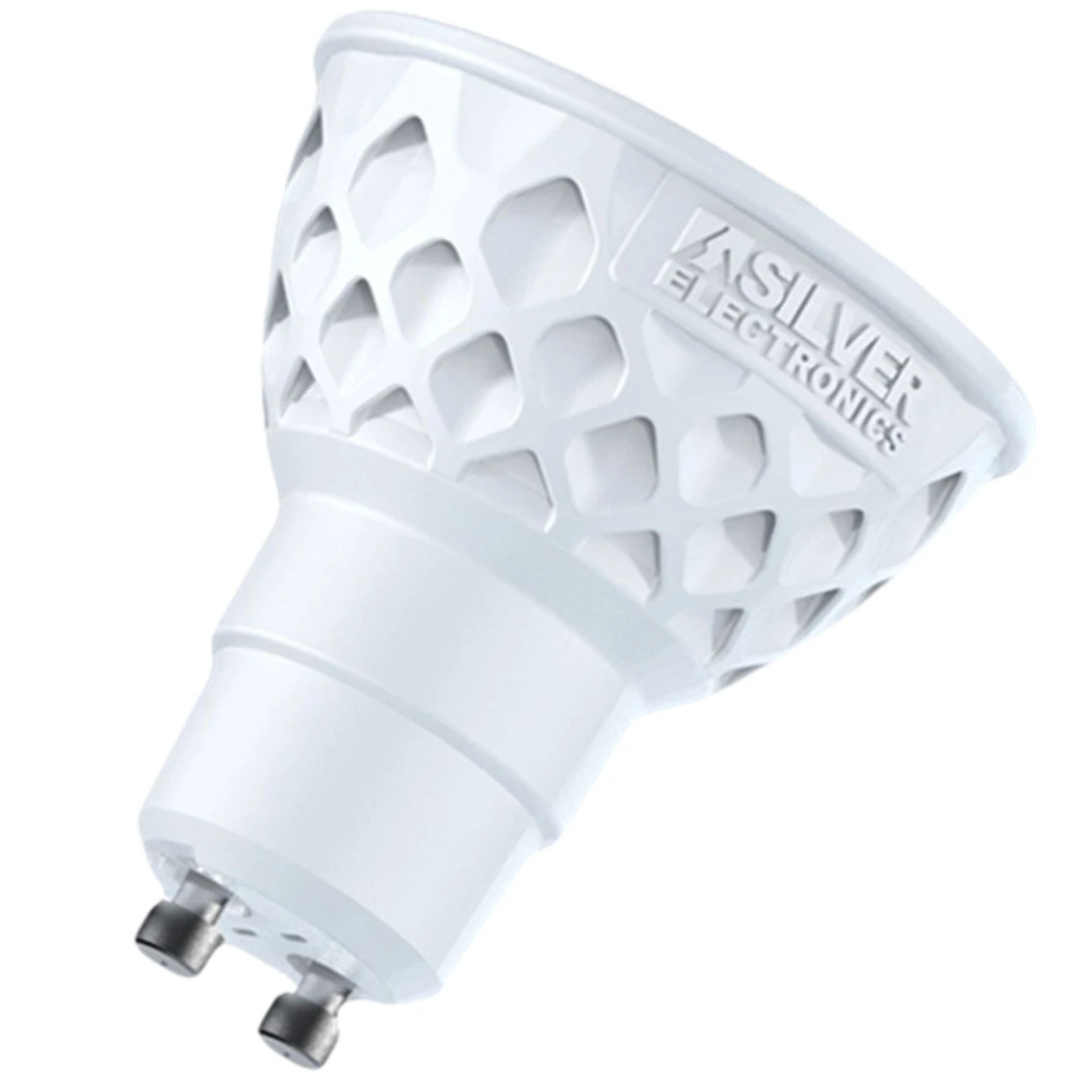Una bombilla LED blanca con una cabeza con patrón de panal. La marca 'Silver Electronics' es visible. Dos clavijas sobresalen de la base.