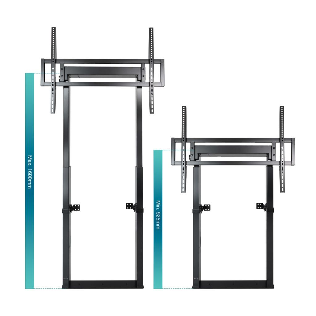 Dos soportes de TV negros con indicadores de altura. El de la izquierda es más alto con una altura máxima de 1600 mm. El derecho tiene una altura mínima de 925 mm.
