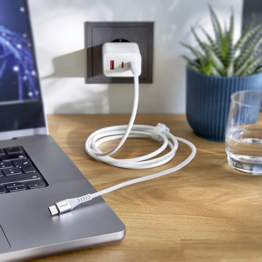 Laptop con cavo USB-C collegato a un caricabatterie bianco collegato a una presa a muro. Una pianta succulenta è a destra.