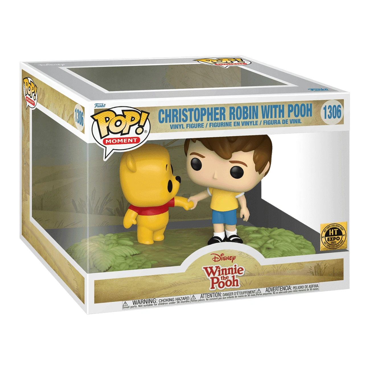 Funko Pop-Figur von Christopher Robin und Winnie Puuh. Puuh ist gelb, Robin trägt ein gelbes Hemd und blaue Shorts.