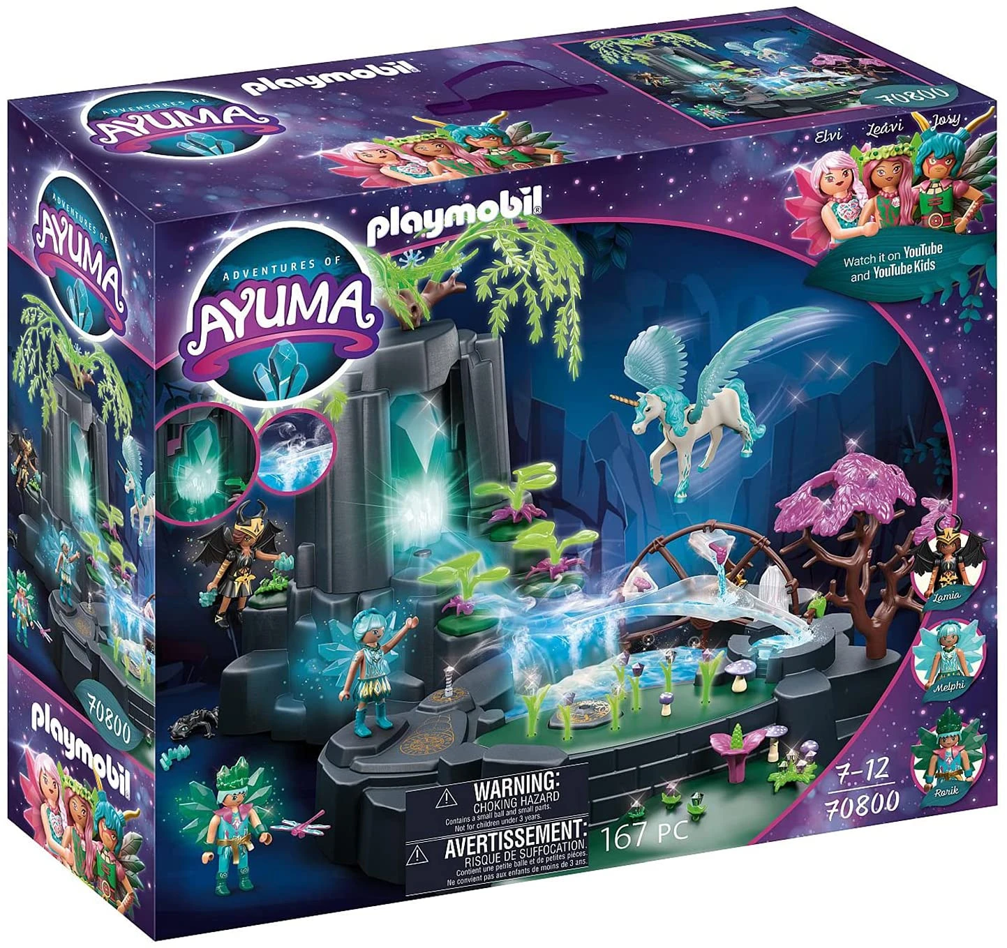 Playmobil-Box-Set. Enthält Feen, ein Einhorn und eine mystische Szene mit leuchtenden Elementen, Pflanzen und Figuren.
