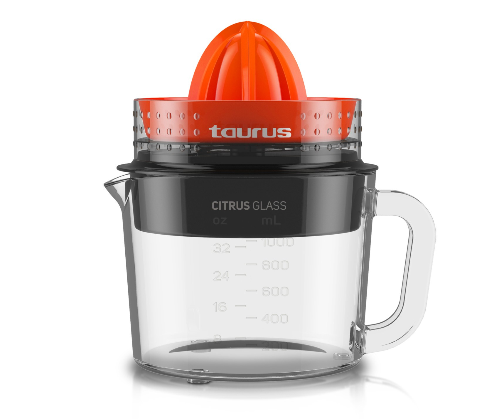 Uno spremiagrumi. Ha una base in vetro trasparente con manico, una sezione nera e un reamer arancione con il marchio Taurus.