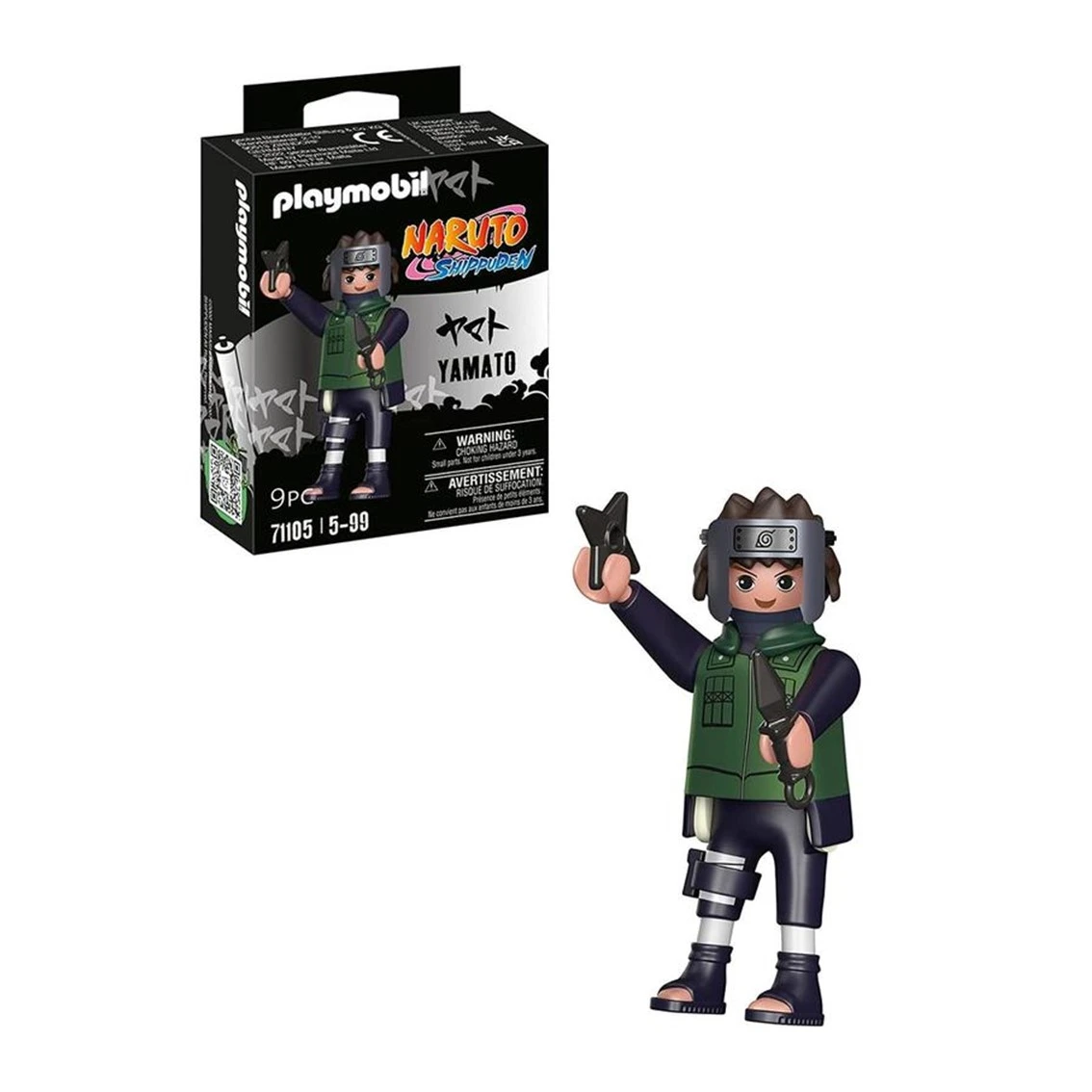 Eine Playmobil Yamato-Figur aus Naruto Shippuden, die zwei schwarze Ninja-Sterne hält, mit einer Schachtel im Hintergrund.