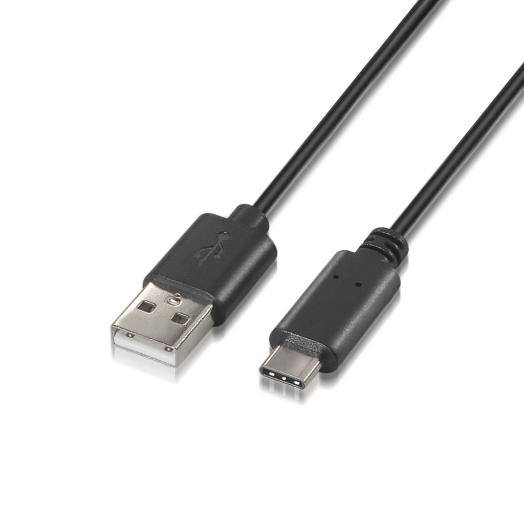 Black USB-A to USB-C cable on a white background. The connectors are visible. The cable is angled. 