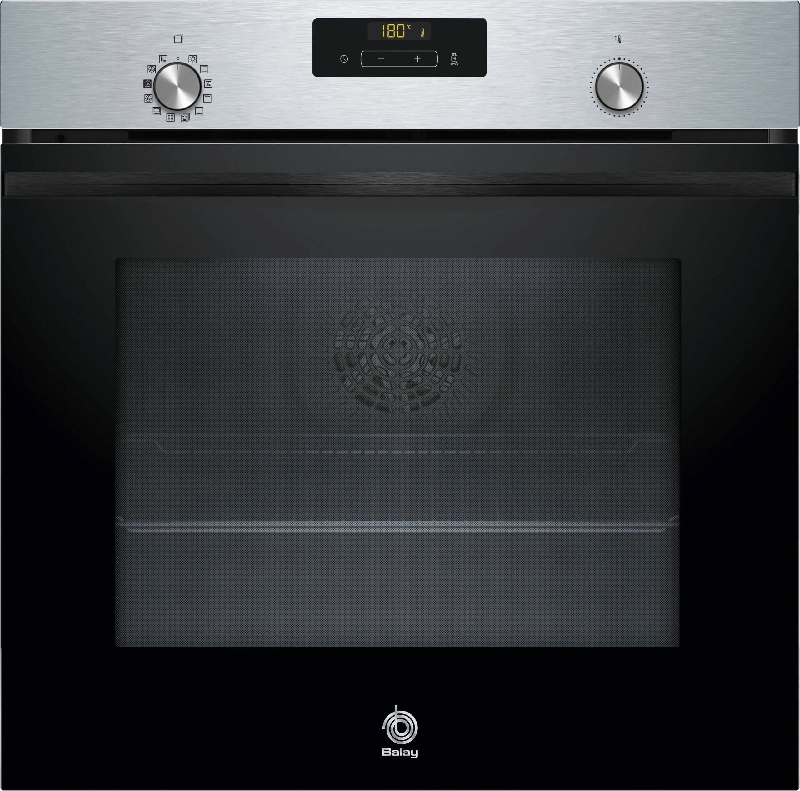 Een roestvrijstalen oven met een digitaal display van 180 graden. Het heeft knoppen en een glazen deur.