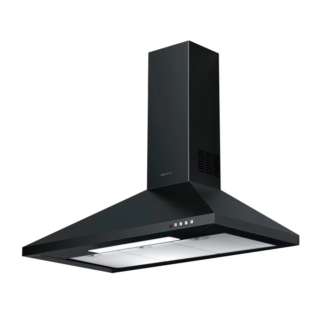 Campana extractora negra con diseño rectangular. Tiene una chimenea y una luz en la parte inferior. El fondo es blanco.