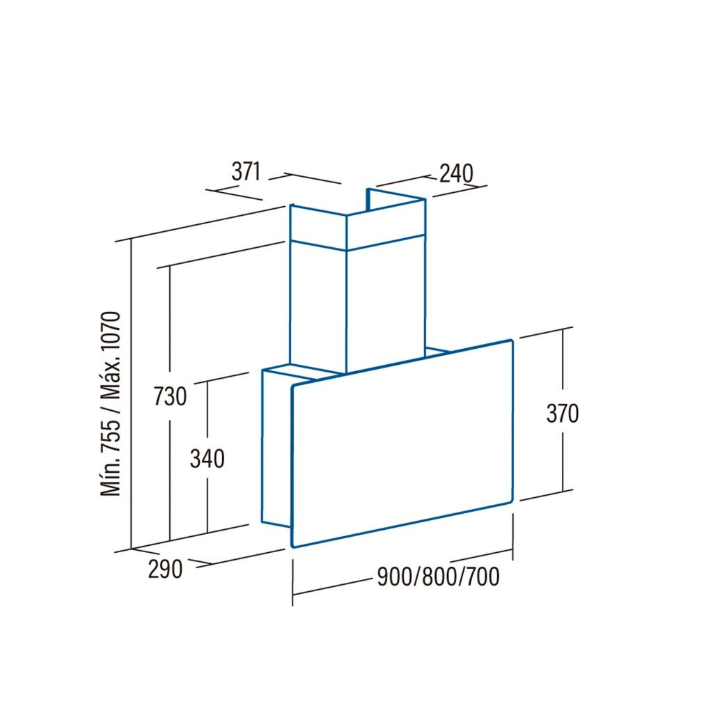 Diagrama esquemático de una campana extractora, con dimensiones en milímetros. El dibujo es en líneas azules sobre fondo blanco.