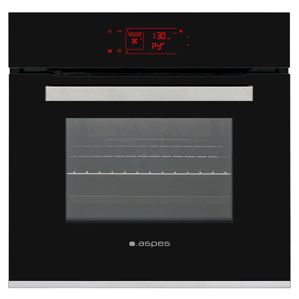 Un horno negro empotrado con una pantalla digital que muestra 1:30 y un logotipo. La puerta del horno es transparente.