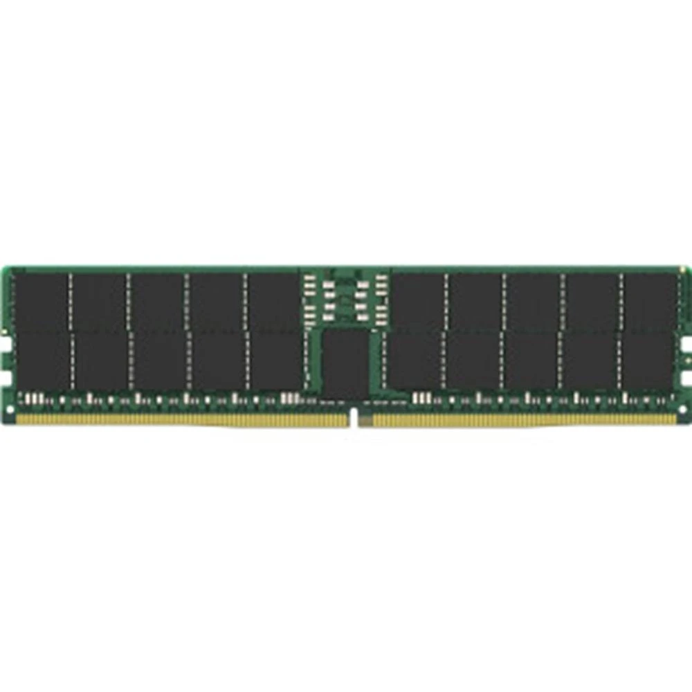 Un módulo de memoria RAM, placa de circuito verde con chips negros. Los conectores dorados son visibles en la parte inferior.