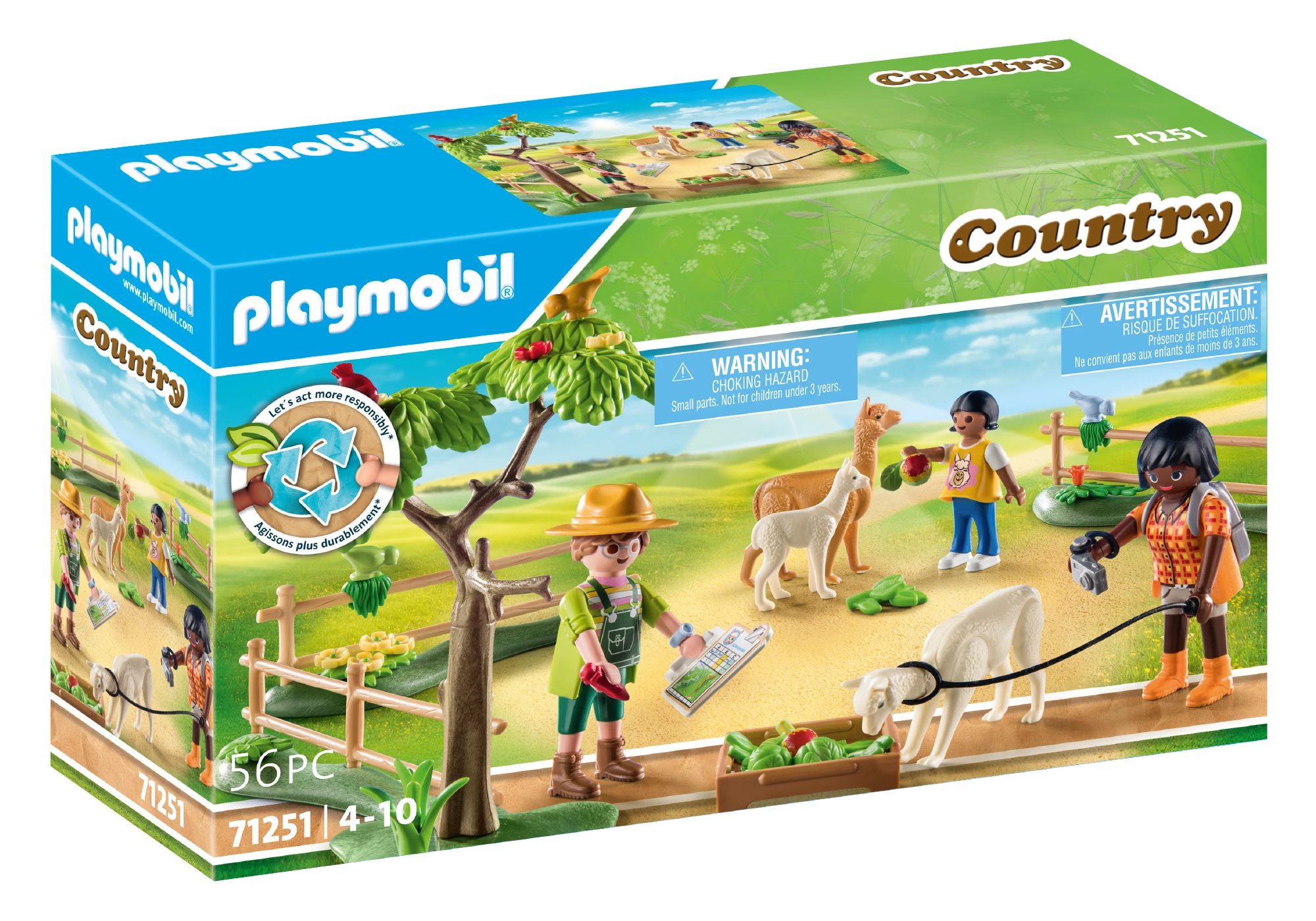 Playmobil Country-Box-Set. Enthält Figuren von Bauern mit Tieren wie Lamas und Schafen in einer ländlichen Umgebung.