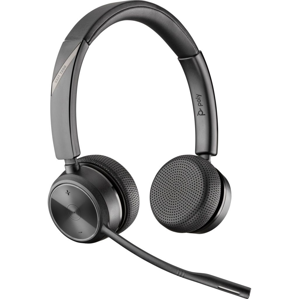 Un casque noir avec un microphone. Il présente un design supra-auriculaire avec des oreillettes et un micro-perche. La marque 'poly' est visible.