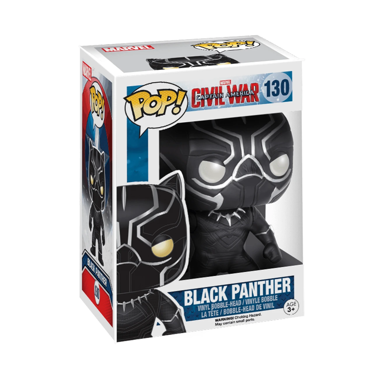 Figurka Black Panther Funko Pop w pudełku. Pudełko ma logo Marvel, tekst Civil War i zdjęcie figurki.