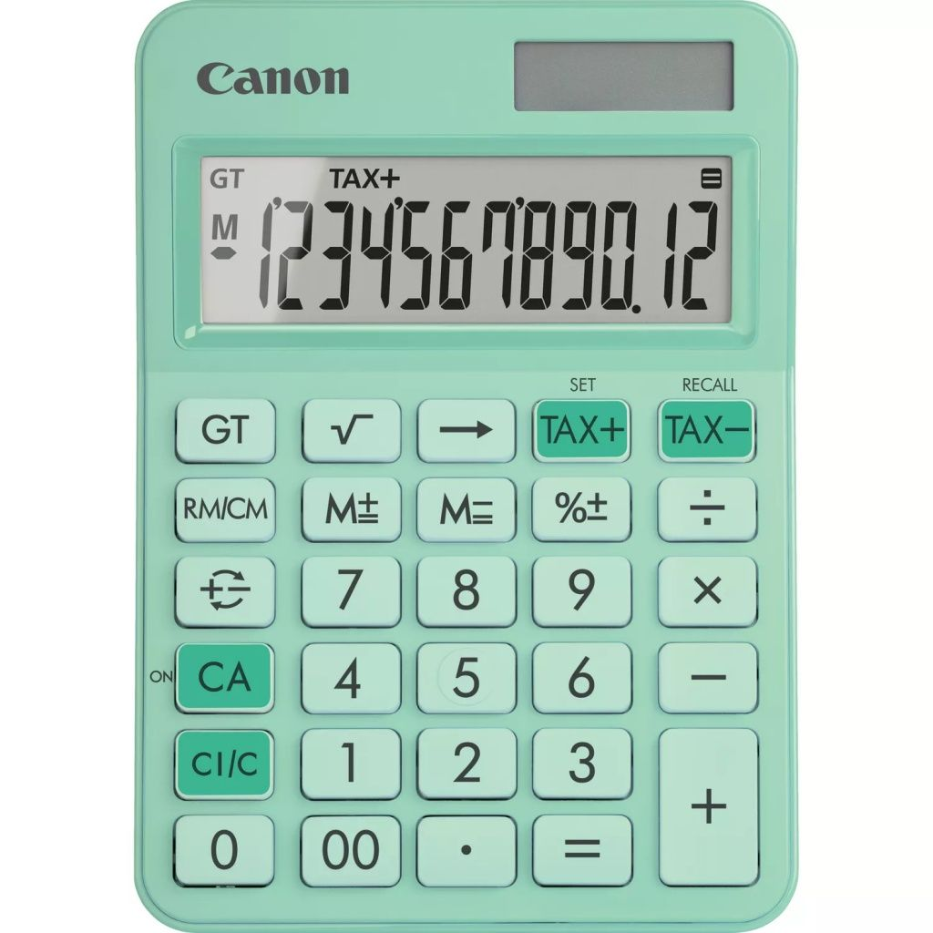 Een mintgroene Canon-rekenmachine toont het getal 1234567890,12. Het heeft verschillende functietoetsen zoals belasting, procent en cijfers.