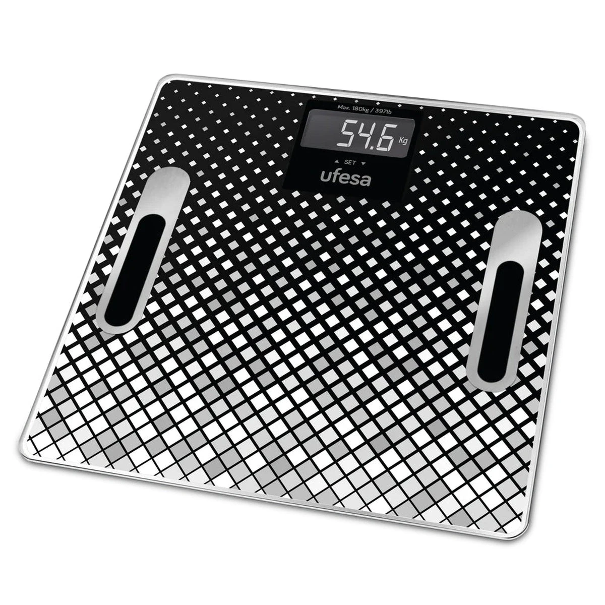 Báscula de baño digital con un patrón geométrico en blanco y negro. La pantalla muestra 54,6 kg. Tiene dos almohadillas plateadas.