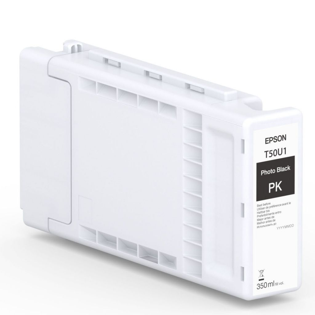 Biały wkład z tuszem Epson T50U1 Photo Black. Tekst: 'Photo Black', '350ml' i daty 'Najlepiej spożyć przed' w wielu językach.