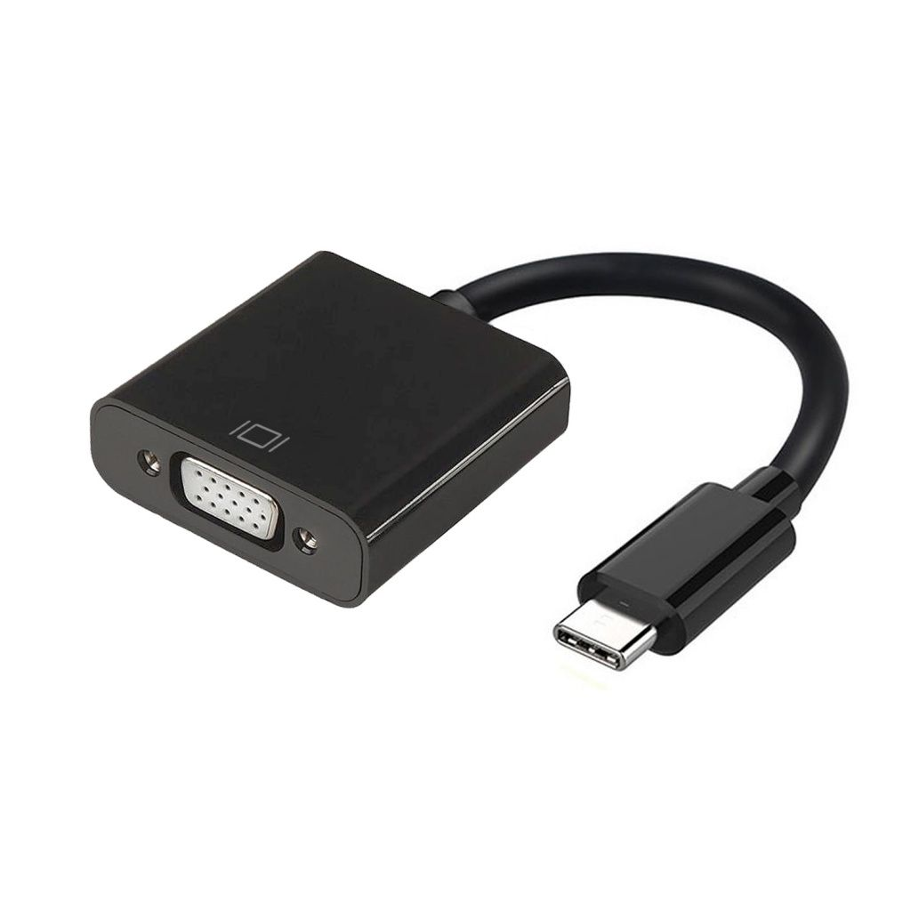 Un adaptador negro con un puerto VGA y un conector USB-C, conectado por un cable negro curvado, sobre un fondo blanco.