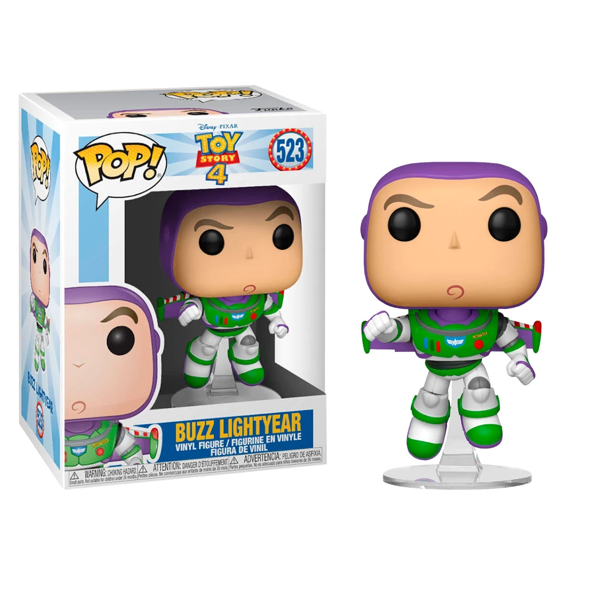 Una figura de Funko Pop de Buzz Lightyear se muestra junto a su caja. La figura es verde, blanca y morada, sobre un soporte transparente.