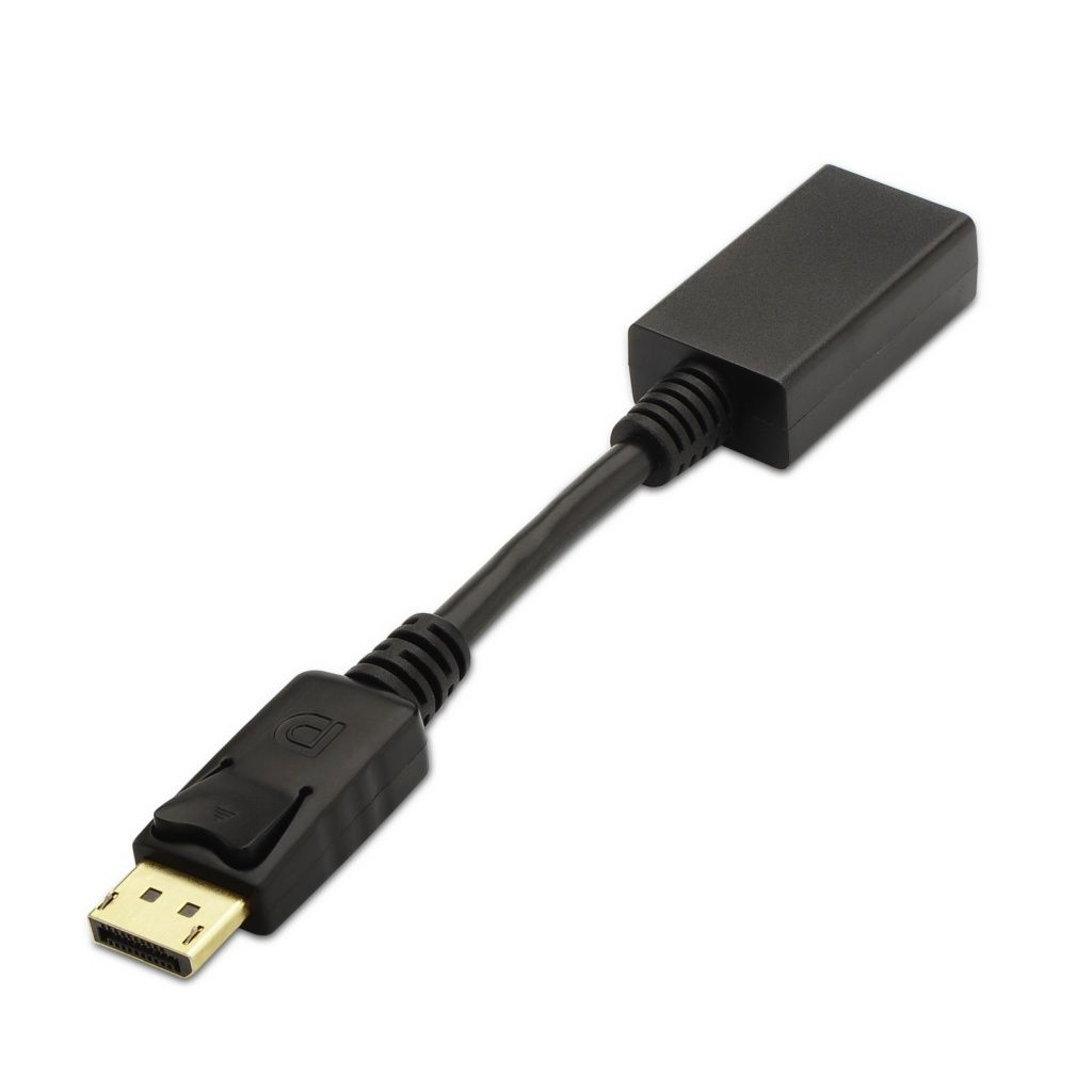 Un cable adaptador DisplayPort negro con un conector rectangular en un extremo y un conector DisplayPort en el otro.