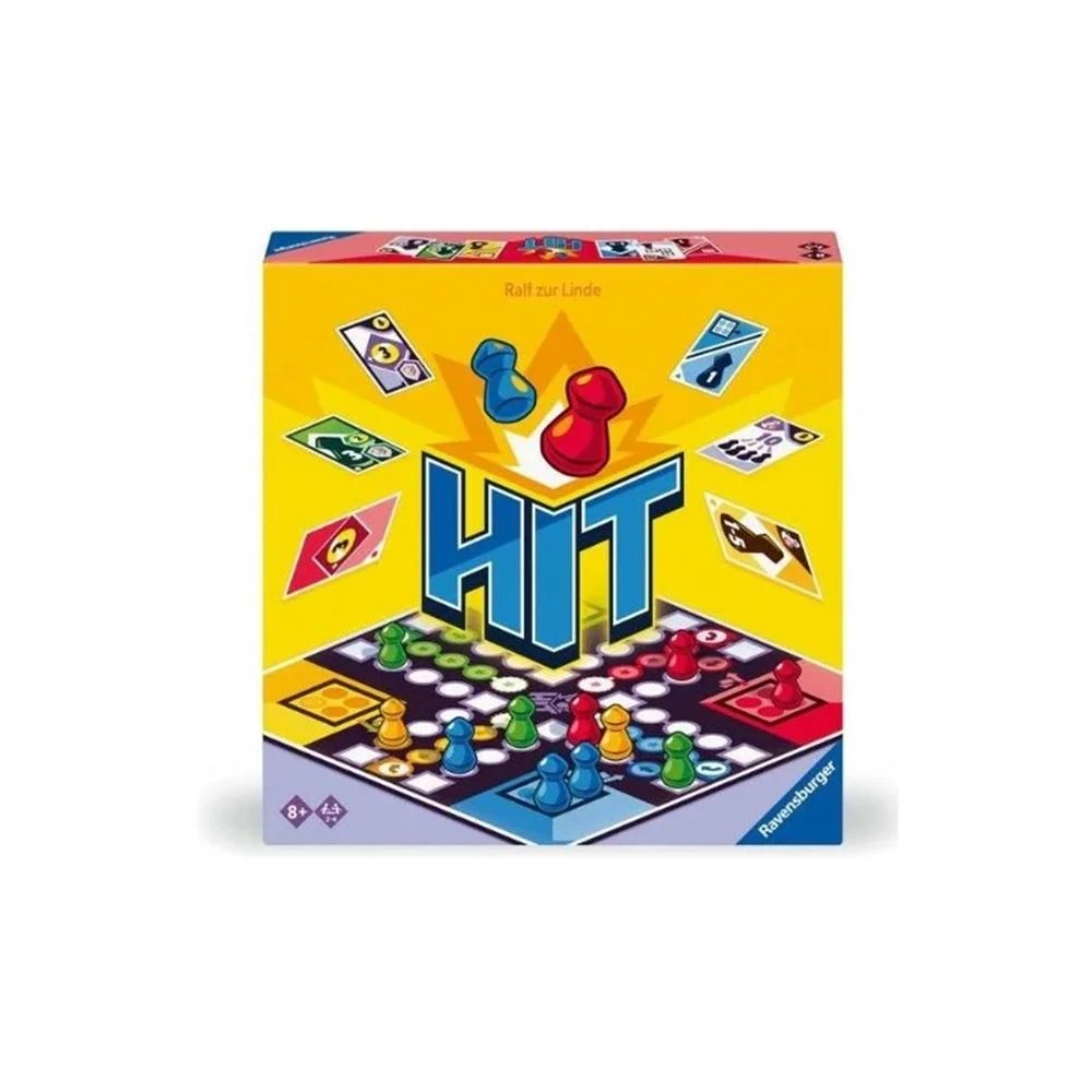 Una caja de juego de mesa. La palabra 'HIT' está en letras azules grandes. Se ven fichas y cartas.