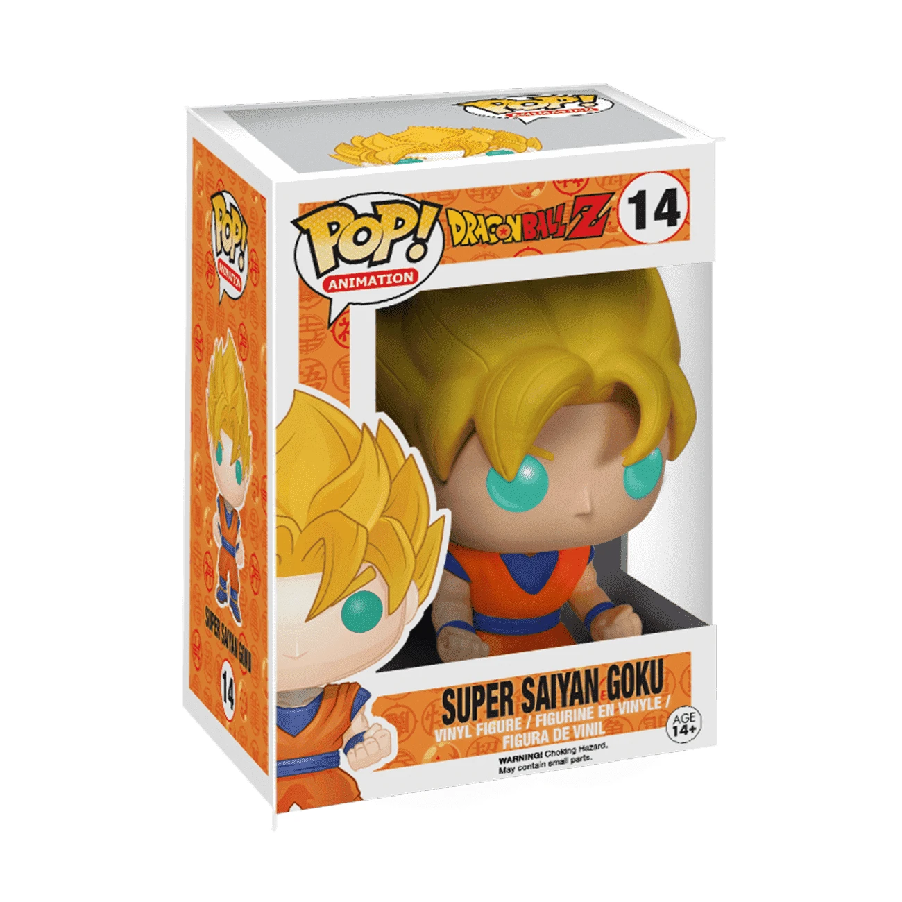 Eine Super-Saiyan-Goku-Figur in einer Box. Die Figur hat gelbe Haare und blaue Augen. Die Box ist weiß und orange mit Text.