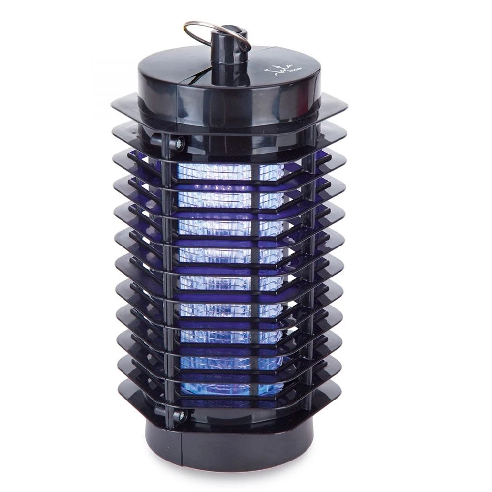 Un matamoscas negro con un anillo en la parte superior. Tiene luces azules en el interior y una estructura similar a una jaula.