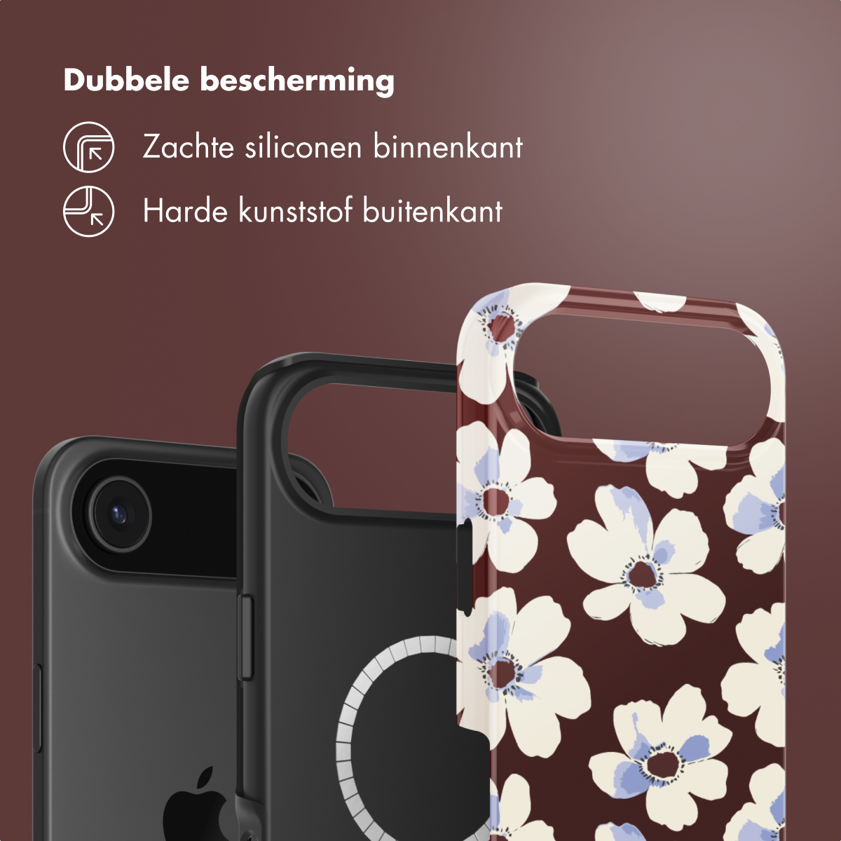 Drie telefoonhoesjes, zwart en bloemmotief. Tekst: Dubbele bescherming, zachte siliconen binnenkant, harde kunststof buitenkant.