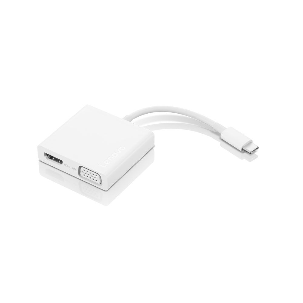 Biały adapter Lenovo z portami HDMI, VGA i złączem USB-C. Na białym tle.