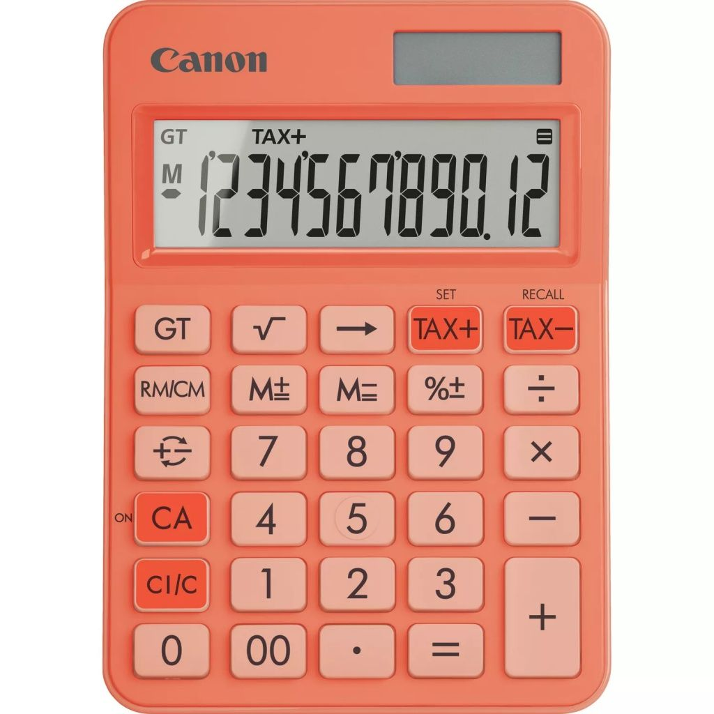 Une calculatrice Canon corail affiche des chiffres sur un écran. Elle comporte des boutons pour les taxes, la mémoire et les fonctions mathématiques de base.