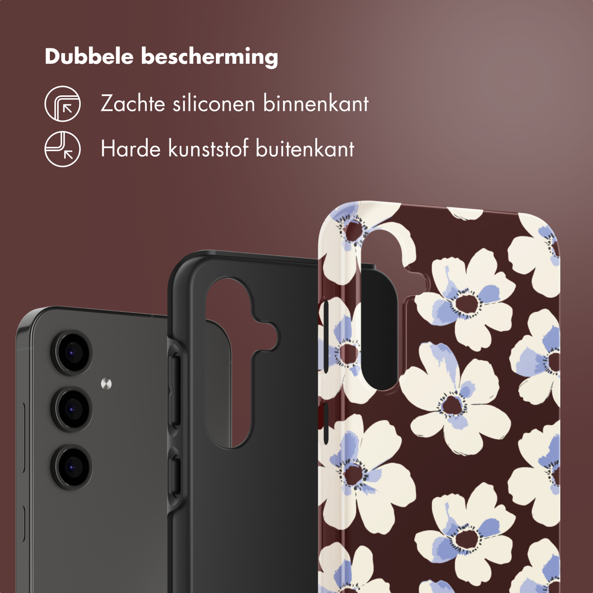 Un téléphone, une coque noire et une coque à motifs floraux sont affichés. Le texte décrit une double protection : silicone souple à l'intérieur, plastique dur à l'extérieur.