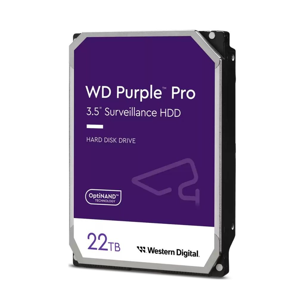 Dysk twardy WD Purple Pro 3,5" Surveillance HDD z fioletową etykietą. Ma logo Western Digital i napis 22 TB.