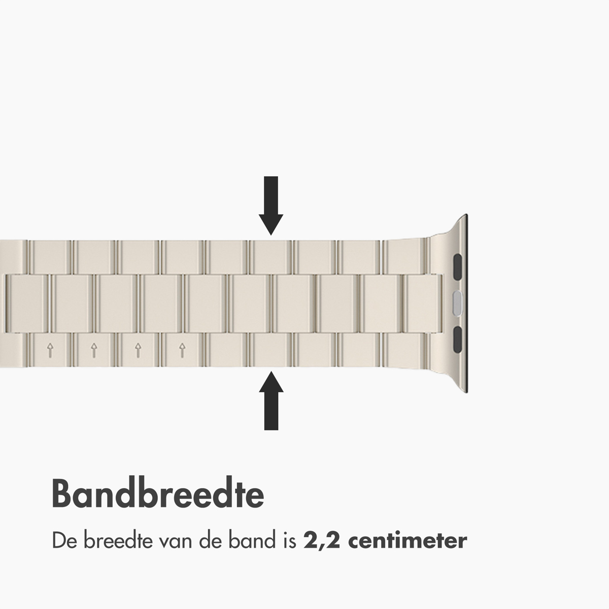 A light-colored watch band is shown with arrows indicating its width. Text below reads: Band width, the band is 2.2 centimeters.