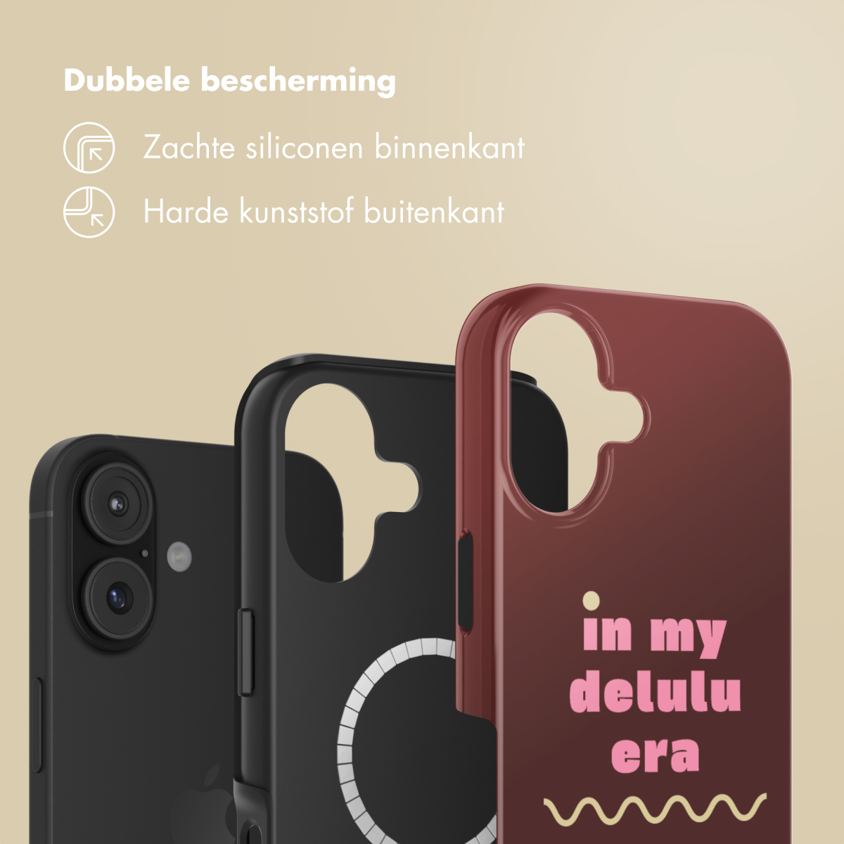 Drie telefoonhoesjes: zwart, zwart met witte cirkel en bordeauxrood met roze tekst 'in my delulu era' en een golvende lijn.