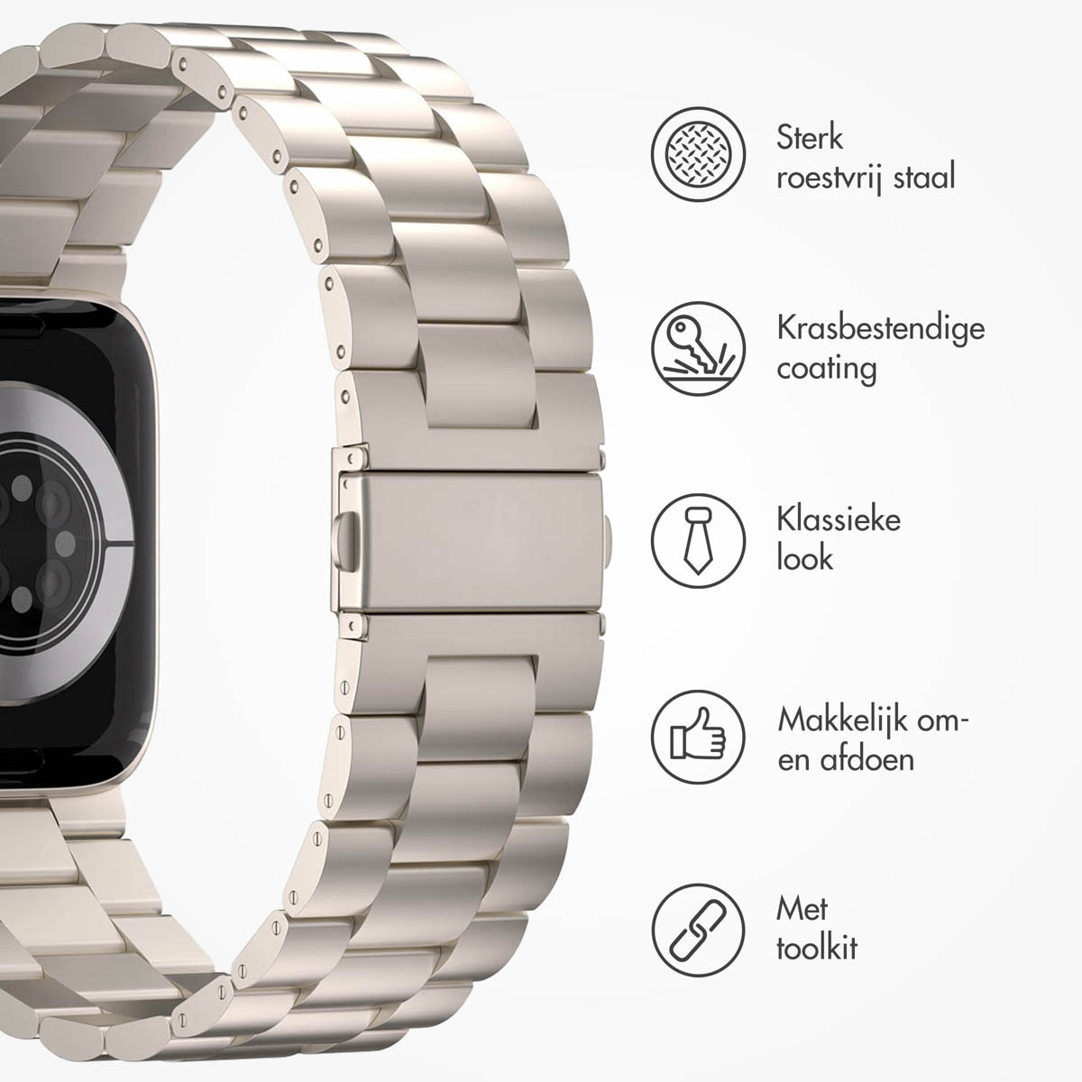 A silver metallic watch band with a watch face on the left. Text describes features: stainless steel, scratch-resistant, classic look.