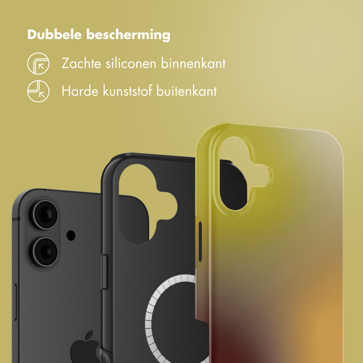 L'immagine mostra custodie per telefoni in nero e giallo. Il testo dice 'Doppia protezione'. Le custodie sono per modelli di iPhone.