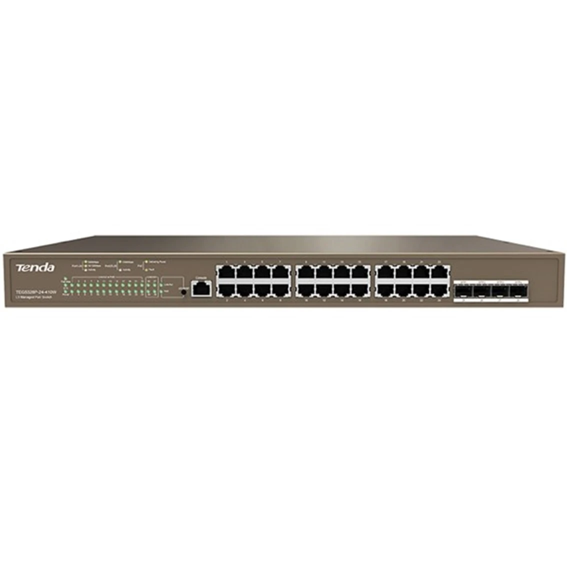 Se muestra un switch de red Tenda, tiene múltiples puertos Ethernet, luces indicadoras y un color gris metálico.