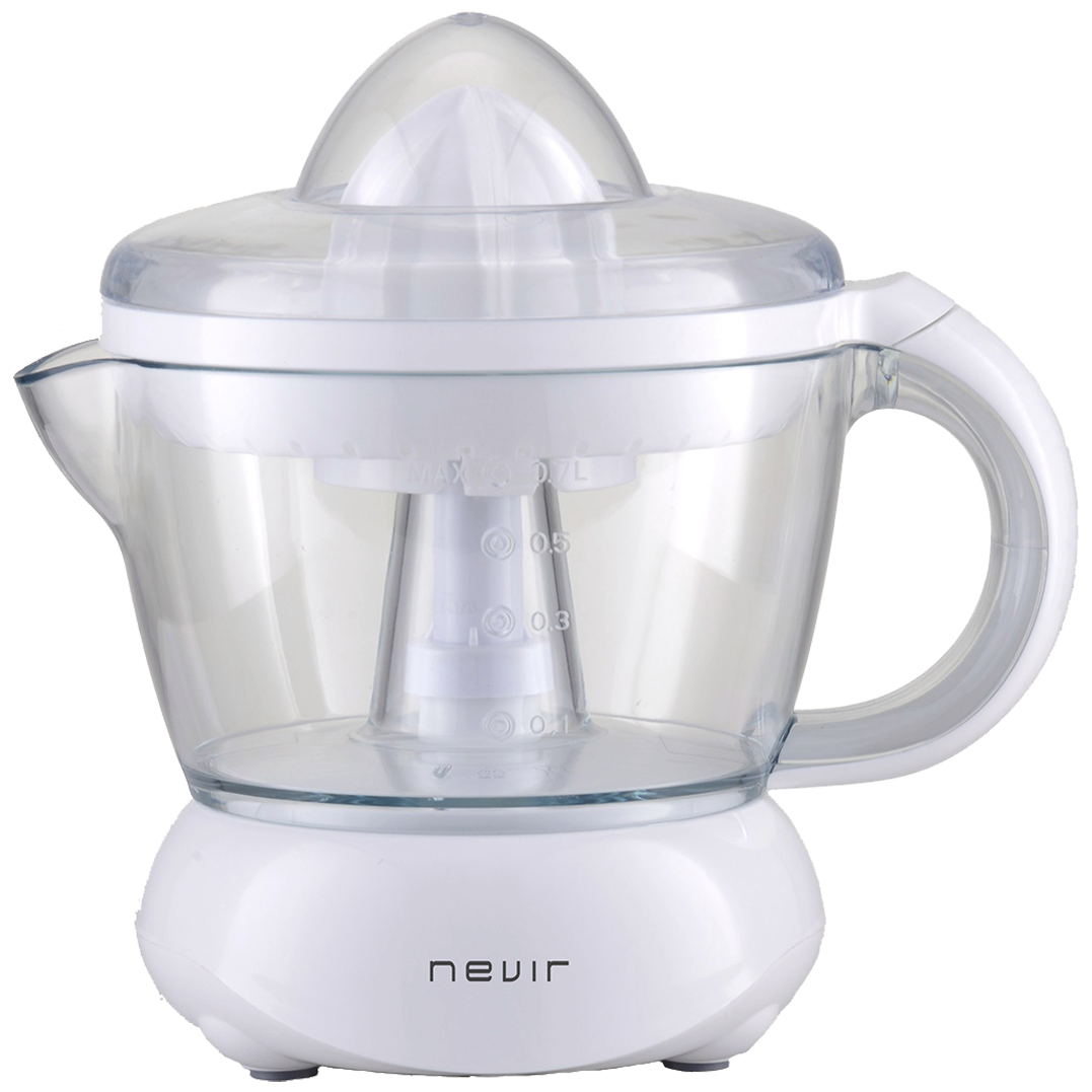 Spremiagrumi elettrico bianco e trasparente. Ha un contenitore di plastica trasparente, una base bianca e una maniglia. Marchio 'nevir'.