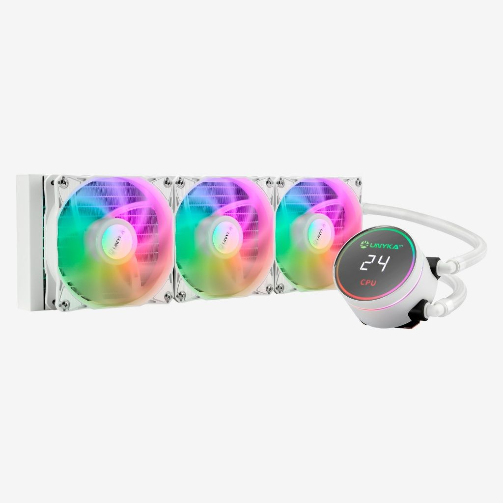 Un enfriador de CPU blanco con tres ventiladores que muestran colores del arcoíris y una pantalla circular con "24 CPU".