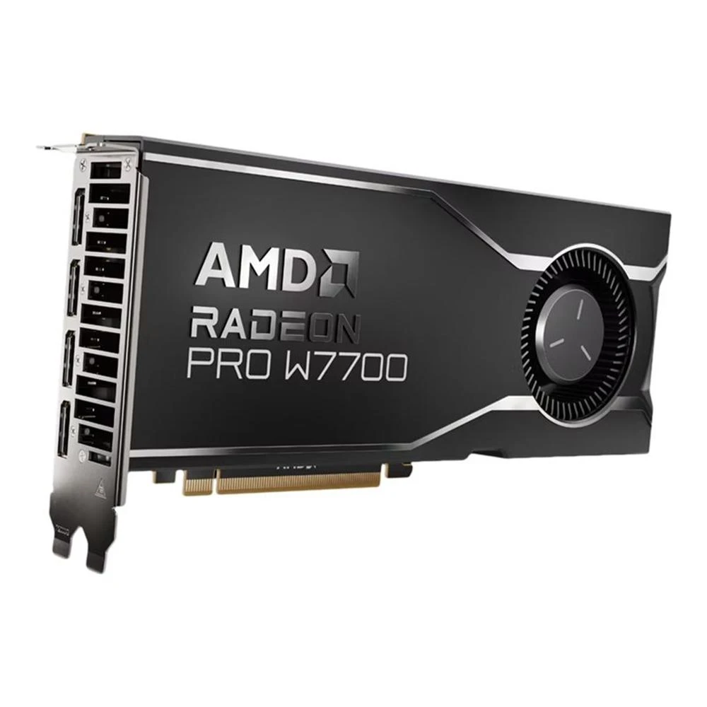 Grafikkarte AMD Radeon Pro W7700 auf weißem Hintergrund. Die Karte ist schwarz mit dem AMD-Logo und Produktdetails.