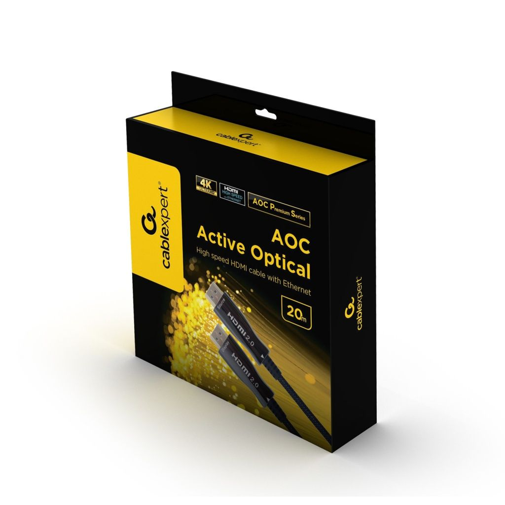 Una caja de cable expert. Es una caja negra con detalles amarillos. Tiene el texto 'Active Optical' y muestra dos cables HDMI.