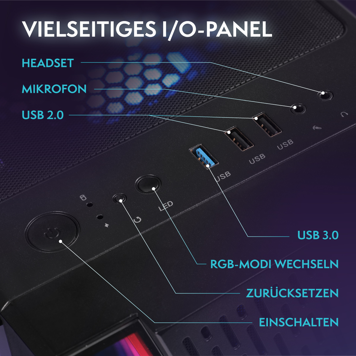 Primer plano del panel de E/S de una caja de ordenador. Tiene puertos USB, conectores para auriculares y micrófono, botón de encendido e indicadores LED.