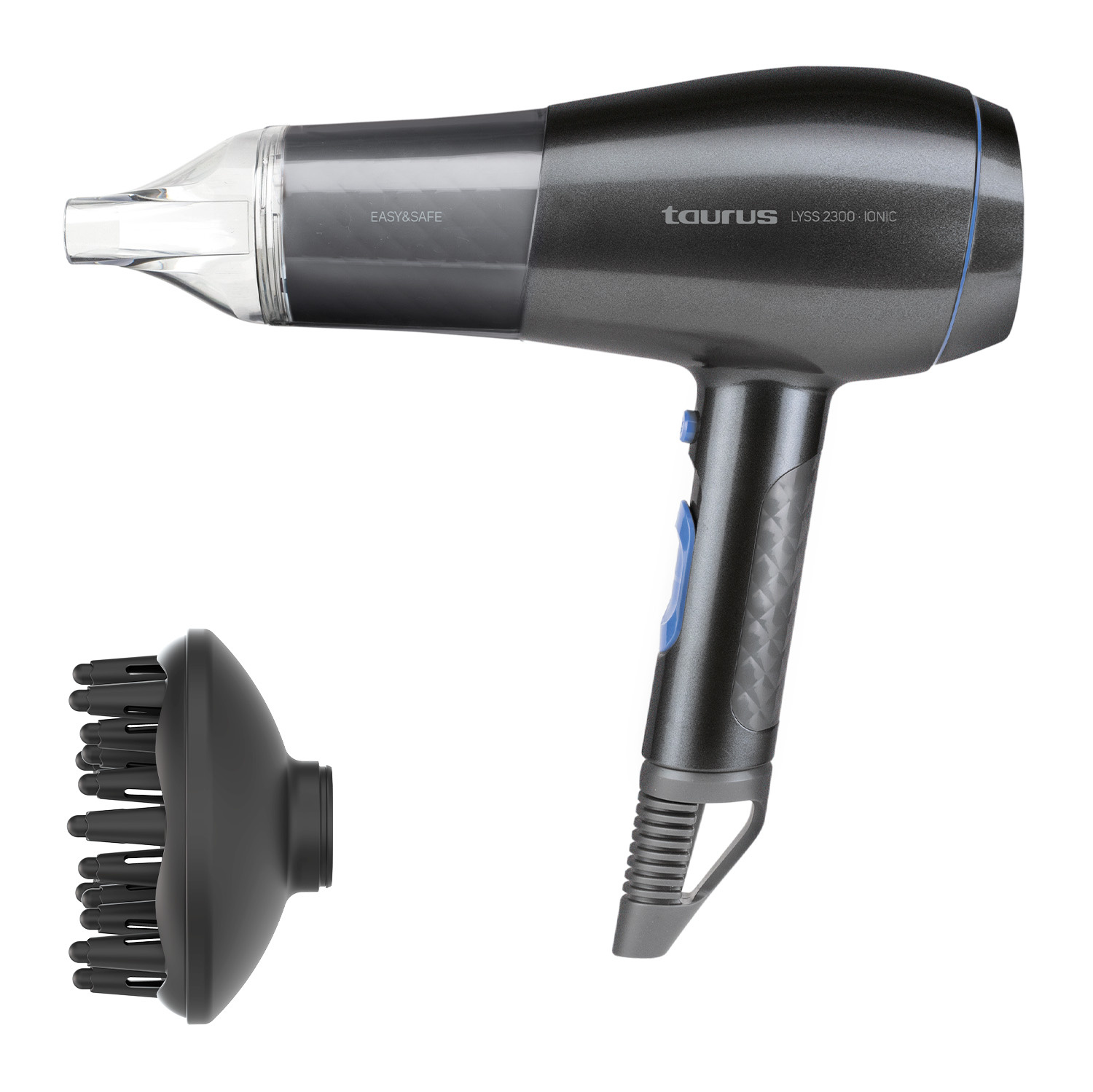 Un secador de pelo gris oscuro con difusor, sobre un fondo blanco. El secador tiene la marca Taurus y el texto 'LYSS 2300 - IONIC'.