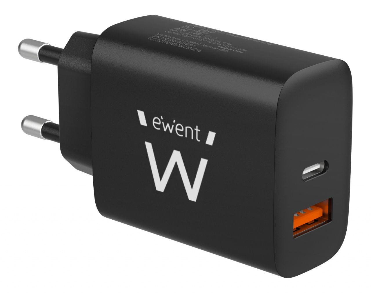 Schwarzes Ewent USB-Ladegerät mit EU-Stecker. Hat einen USB-C-Anschluss und einen USB-A-Anschluss. Das Ladegerät hat den weißen Buchstaben 'W' auf der Vorderseite.