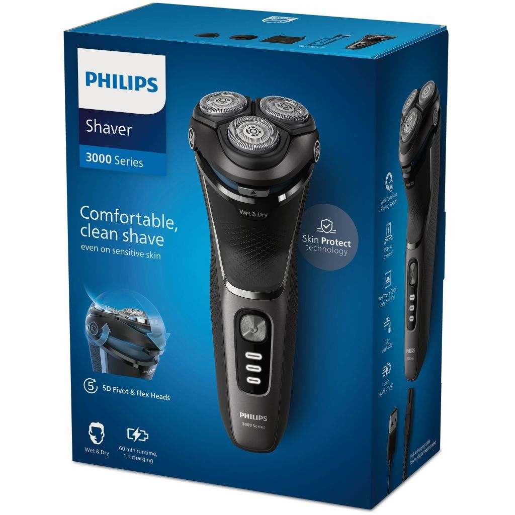 Une boîte Philips Shaver 3000 Series. La boîte montre un rasoir noir et met en évidence des caractéristiques comme le mouillé et le sec.