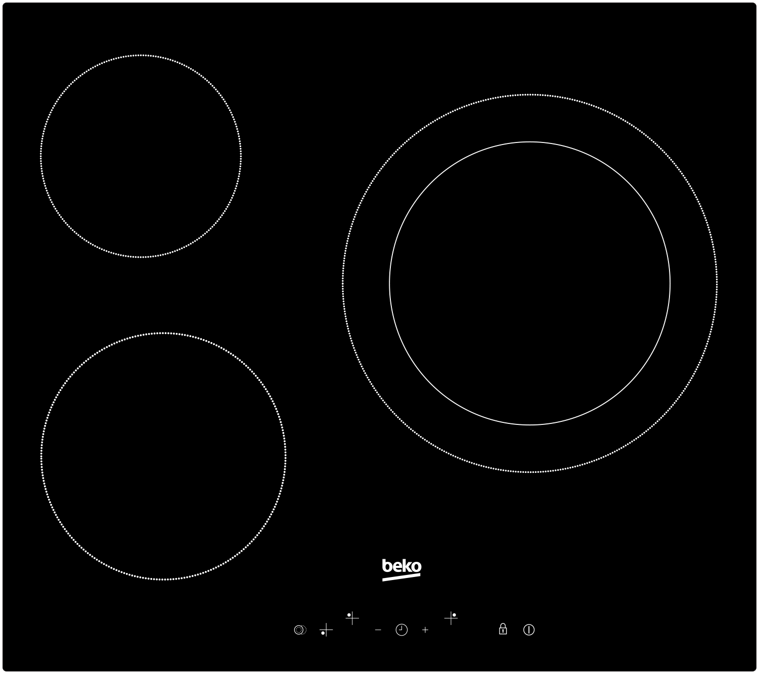 Czarna płyta indukcyjna z trzema okrągłymi strefami grzewczymi i panelem sterowania. Logo Beko na dole.