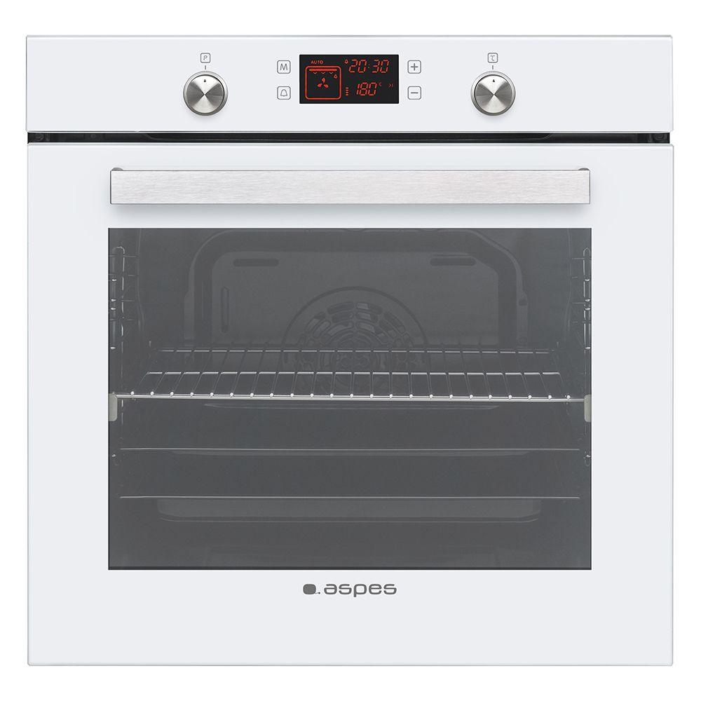 Horno blanco con pantalla digital que muestra hora y temperatura. Tiene puerta de vidrio, tirador metálico y rejillas interiores.