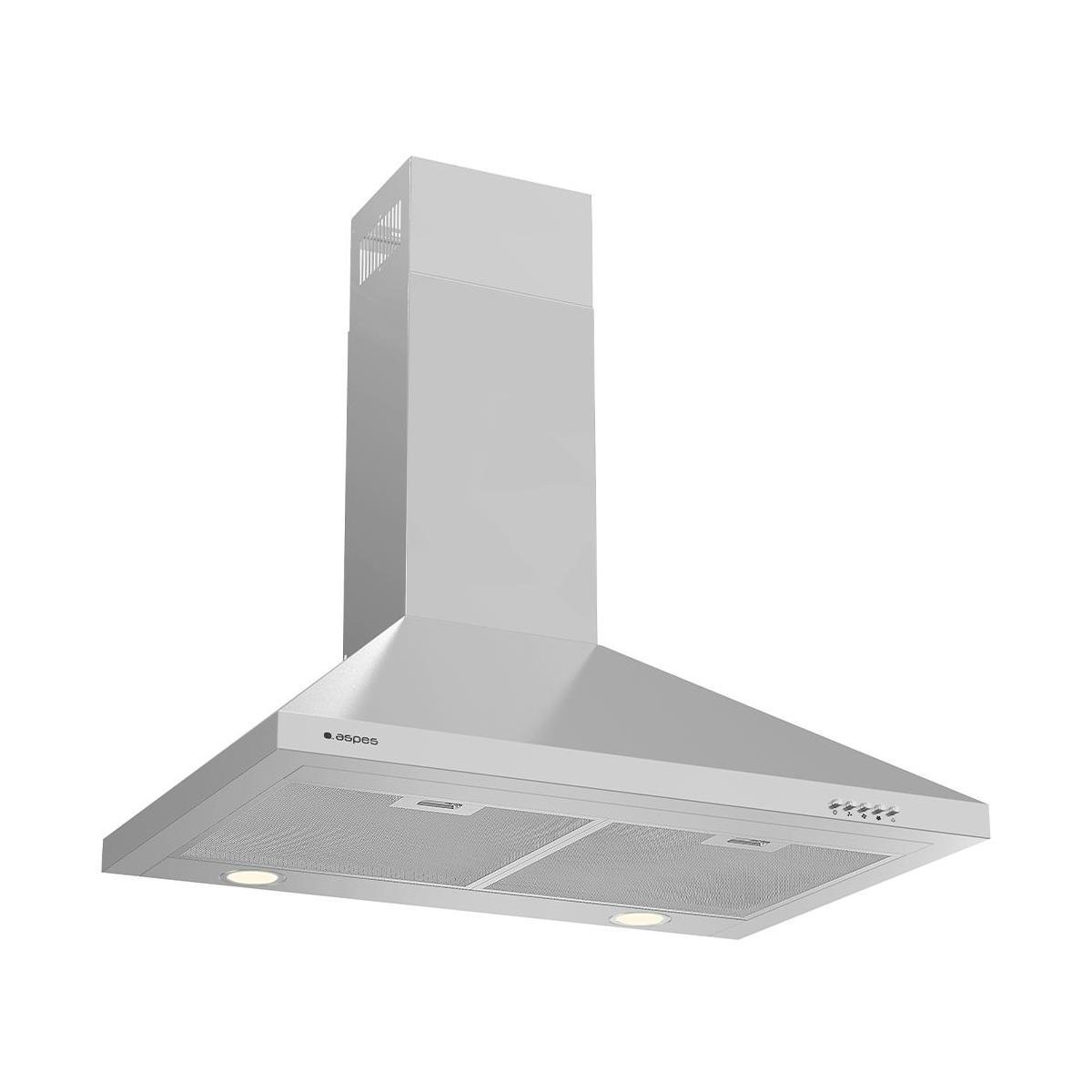Una campana extractora de cocina de acero inoxidable con luces. Tiene chimenea e inclinación inferior con botones de control.