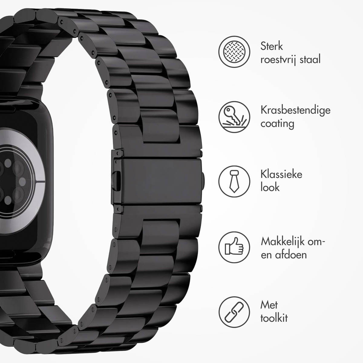 A black metal watch band with a clasp is shown. Text highlights features like stainless steel, scratch-resistant coating, and easy removal.