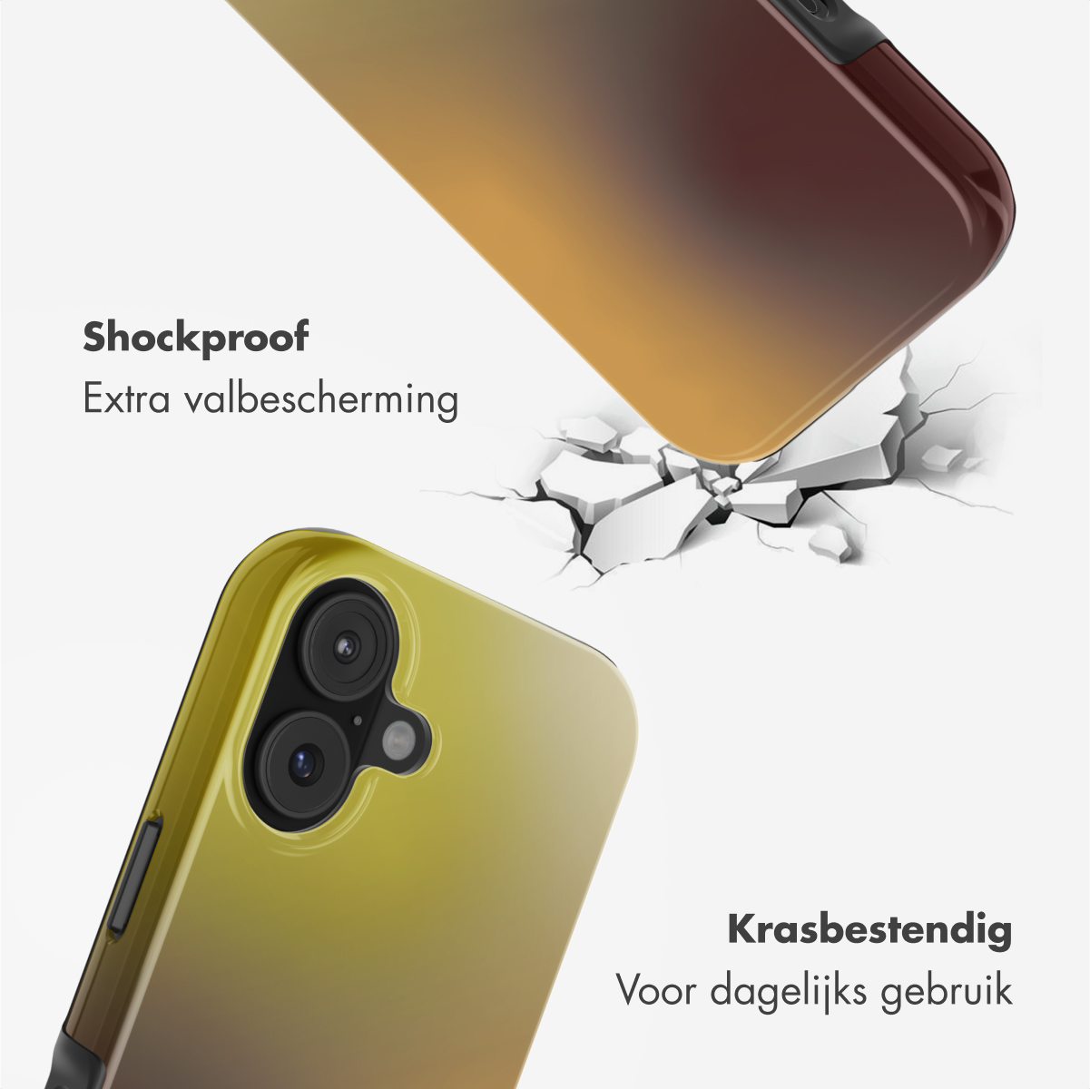 Telefoonhoesjes in gele en bruine tinten. Een hoesje lijkt te vallen en het oppervlak eronder te kraken. Tekst zegt 'Schokbestendig' en 'Krasbestendig'.