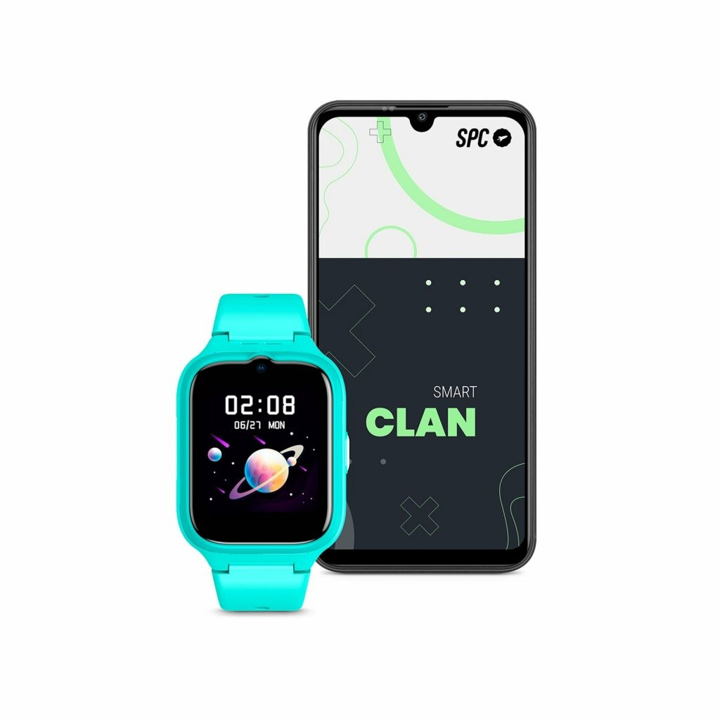 Eine türkisfarbene Smartwatch mit einem Bildschirm, der die Uhrzeit und ein Planetenbild anzeigt, liegt neben einem Smartphone mit 'SMART CLAN'.