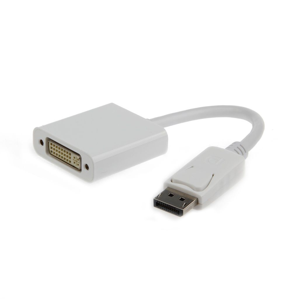 Un adaptador blanco de DVI a DisplayPort se encuentra sobre una superficie blanca. Tiene un cable que conecta los dos extremos.